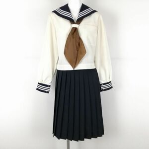 1円 セーラー服 スカート スカーフ 上下3点セット 中間服 白3本線 女子 学生服 香川明善高校 オフ白 制服 中古 ランクC EY9901