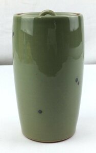 美品 水差し 茶道具 縦型 若草色 在銘 陶器 焼き物 インテリア コレクション 置物 高さ：約20.5cm 約1.2kg　t880si-C