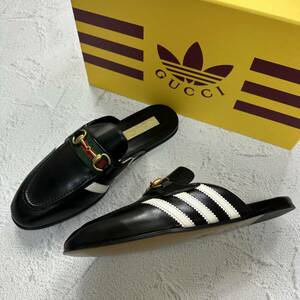 新品未使用 GUCCI adidas 28.0cm グッチ アディダス コラボ シューズ ブラック レザー スリッポン スリッパ ミュール UK9 箱有り 正規品