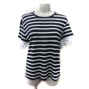 トミーヒルフィガー TOMMY HILFIGER Tシャツ カットソー ボーダー レース 半袖 M 黒 ブラック /YI レディース