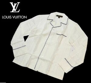 未使用 Louis Vuitton シルクコットン モノグラムストライプ総柄 エンブレムロゴ 長袖シャツ ルームウェア ルイヴィトン パジャマXS JZ-17