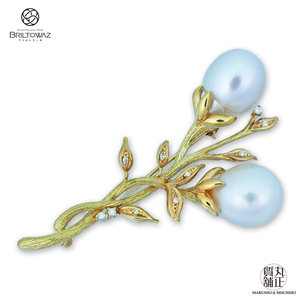 K18 パールペンダントブローチ 植物モチーフ 真珠 ダイヤモンド D0.11 イエローゴールド 17.1g 送料無料（M211572）