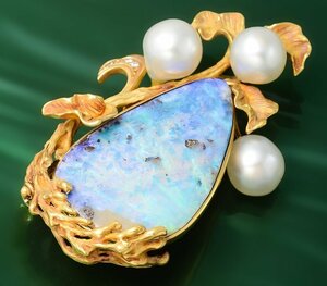 K18 ボルダーオパール・ダイヤモンド・南洋真珠 ブローチ(ペンダント兼用) 品番b21-369