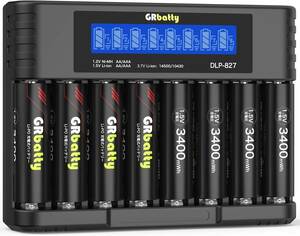 827充電器＋単3形リチウム電池*8 GRbatty 単3形 リチウム電池 単3充電池充電器セット 液晶画面 8スロット充電器+単