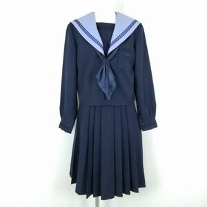 1円 セーラー服 スカート スカーフ 上下3点セット 大きいサイズ 冬物 青3本線 女子 学生服 中学 高校 紺 制服 中古 ランクC NA5531