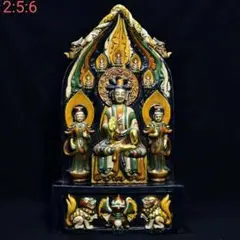 中国古美術・旧蔵の三彩・鎏金・仏龕・40x70cm・仏像・供養仏像・置物・風水