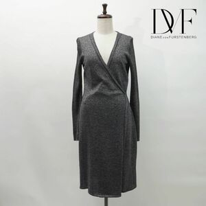 美品 DIANE von FURSTENBERG ダイアンフォンファステンバーグ ラメ ウール 部分リブ ラップワンピース レディース グレー サイズS*MC129