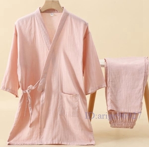 B232★レディース M.L.XLサイズ 七分袖 ピンク系 コットン 綿 ガーゼ 柔らか 肌さわり 心地良い パジャマ 部屋着 ルムウエア 作務衣