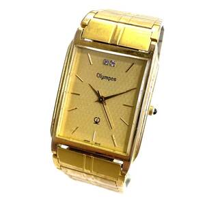 ■Olympos オリンポス QZ クォーツ 腕時計 ゴールド ストーン スクエア 純正ベルト 現状品 EMA 9040TG