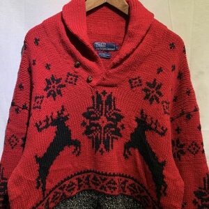 90s Ralph Lauren カントリー HAND KNIT ショールカラー XL POLO ウールニット ビンテージ ウール ネイティブ ラルフローレン