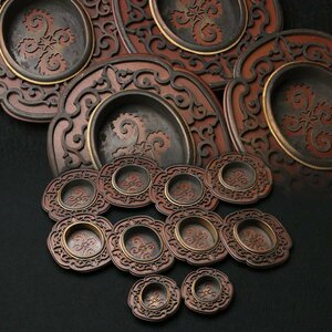 EE617 時代物 銅製 赤銅唐草透文 木瓜形引手 大中小 三種 十点組・引き手・透かし襖引手 和家具