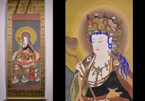 【瓢】真作　仏画　「文殊菩薩」 絹本極彩色　広幅　在印　仏教仏像　中国唐画　掛け軸