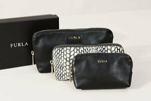 ☆美品☆FURLAフルラ/ポーチ3点セット:コスメポーチ:小物ポーチ:黒系yu330