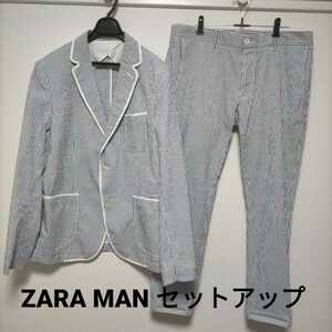 希少 ZARA MAN シアサッカー セットアップ ジャケット パンツ スーツ ストライプ ブルー ザラマン セットアップスーツ パイピング 