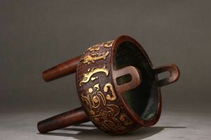 【瓏】古銅鏨刻彫 塗金饕餮紋鼎式香炉 大明宣徳年製 銅器 古賞物 中国古玩 蔵出