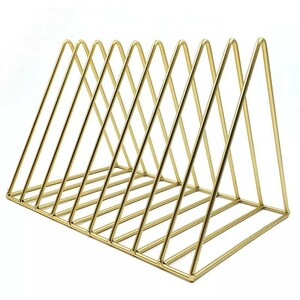 ブックスタンド 本立て 三角形 シンプル 等間隔な仕切り メタル 金属製 (ゴールド×大)