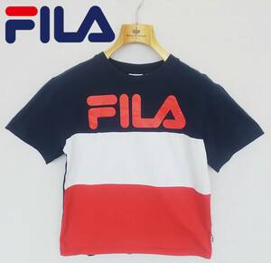 ■FILA*サイズ150*Tシャツ*綿100％*丸首*ビックロゴ*トリコロールカラー*ネイビー*白*赤*ジュニアサイズ*キッズ*トップス*フィラ #4887