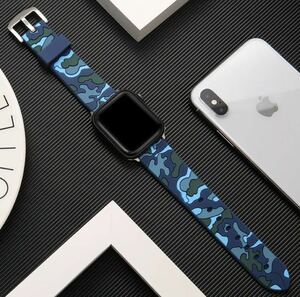 アップルウォッチ Apple watch 用 腕時計バンド 迷彩 カモフラ 42mm~45mm用 シリーズ8 7 6 5 4 迷彩ブルー