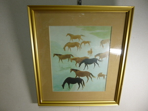 水邊放牧　日本芸術院会員　東山魁夷画伯筆　馬　額装　印刷画