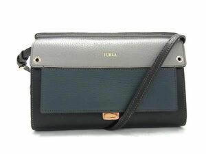 1円 ■新品同様■ FURLA フルラ ライクミニ レザー クロスボディ 二つ折り 長財布 ショルダーウォレット 斜め掛け ブラック系 BK1122