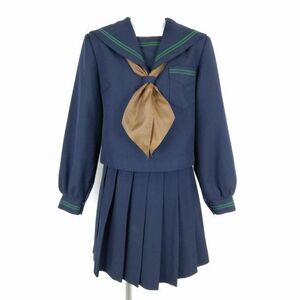 1円 セーラー服 ミニスカート スカーフ 上下3点セット 大きいサイズ トンボ 冬物 緑2本線 女子 学生服 中学 高校 紺 中古 ランクB NA1723