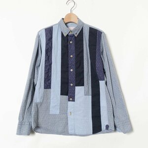 【1円スタート】メール便○ KAWATANI SHIRT 河谷シャツ 前パッチワーク長袖ボタンダウンシャツ トップス 綿 カジュアル 春夏 青系 S メンズ