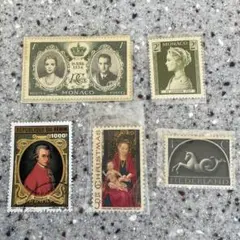 モナコ公国の切手「レーニエ大公・グレースケリー結婚記念」他（５枚）※バラ売り可