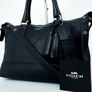 1円〜■美品■COACH コーチ 2way チャーム フリンジ タッセル トートバッグ ビジネス 大容量 A4 レディース メンズ レザー ブラック 黒