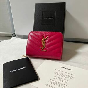 【美品】SAINT LAURENT YSL サンローランパリ 折り財布 ラウンドファスナー Vステッチ レザー ピンク 付属品付き シリアルあり