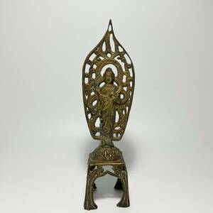 古美術　銅製　金銅　瀏金佛　鏤空背光板菩薩像　仏像　明　高麗　H２０cm
