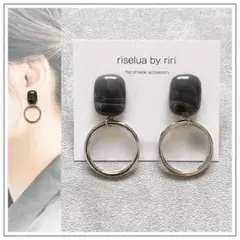 ［ 236 ］ブラックマーブル×フープ ハンドメイド ピアス イヤリング