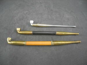 中国 清時代 喫煙道具 銅鍍銀、銅木、銅竹煙管 3 枚 唐物