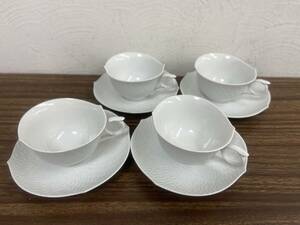 14049★Meissen マイセン 波の戯れ ホワイト ティーカップ ソーサー 4客 洋食器 食器 陶器
