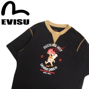 特大XL デッドストック級 90s 初期頃 EVISU シェフプリント 前V ツートーン 半袖Tシャツ エヴィス エビス ヤマネ ビンテージ メンズ2404272