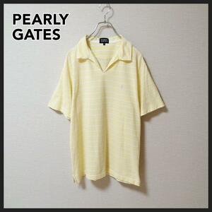 パーリーゲイツ　開襟ポロシャツ　メンズ　サイズL　ボーダー　黄色系　ワンポイント刺繍　サイズ表記5☆PEARLY GATES オープンカラー
