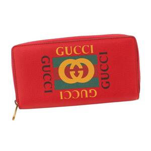 Gucci　レザー ヴィンテージロゴプリント ラウンドファスナー ロングウォレット 財布 496317 レッド 125681