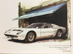 【正規品 絶版】Bowイラスト ランボルギーニミウラ カーマガジン 67 Lamborghini Miura アンティーク インテリア クラシックカー 旧車 絵