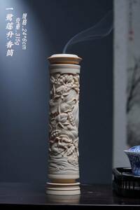 天然マンモス牙美しい手作り彫刻一鷺蓮昇 香筒