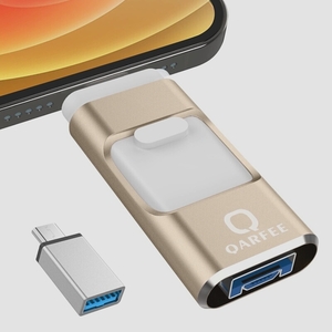 送料無料★４in1 iPhone対応 USBメモリ 128GB アプリ不要 高速 バックアップ iPad対応 (ゴールド)