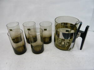 (M40807)東洋ガラス 洋酒セット グラス5客、アイスペール・グラス・トングセット 水割り ハイボール スモーク