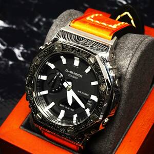 送料無料・新品・GショックCUSTOM・MADE腕時計本体付GA2100ステンレス製ベネチアン柄エンボス加工ベゼル＆バックル・イタリアン本革レザー 