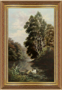 真作保証 アーサー・デイヴィス６０号白鳥の湖 三越取扱作19世紀イギリス名画 1200万販売バルビゾン派彷彿の細密最高傑作 見よ！背景の鳥を