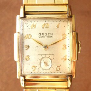 稀少★1940年代 グリュエン GRUEN スイス製 3面カット風防 10金張りゴールドケース 手巻きアンティーク腕時計 べリシン 伸縮バンド付き
