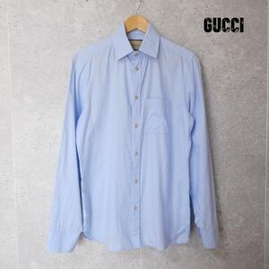 美品 GUCCI グッチ 649696 サイズ39 シャツ ワイシャツ Yシャツ 刺繍 胸ポケット 長袖 GGロゴ 水色 ライトブルー