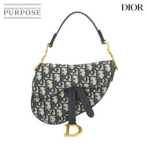 未使用 展示品 クリスチャン ディオール Christian Dior オブリーク サドル ミニ ハンド バッグ キャンバス レザー ネイビー 90228323