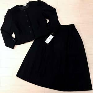 b4★Riche Robe★新品 定価59000円★高級 ノーカラー長袖ジャケット＆膝下ロングスカート 起毛アンサンブルスーツ★11号L ブラック黒色