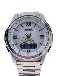 CASIO◆ソーラー腕時計・WAVECEPTOR/デジアナ/ステンレス/WHT/SLV