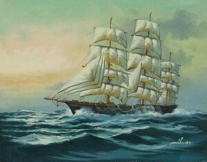 油彩画 洋画 肉筆油絵 F6号 「帆船 海景画」-123- 特価