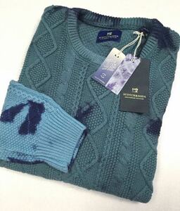 新品「SCOTCH&SODA」アラン編み グラデーション×タイダイ染め クルーネックセーター Turquoise SIZE:L