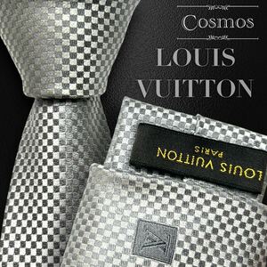 1円 未使用級 LOUIS VUITTON ルイヴィトン ネクタイ ダミエ柄 マクロダミエ シルバー 銀色 シルク 紳士服 スーツ メンズ 高級 ブランド